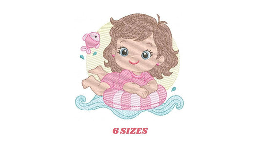 Baby girl embroidery designs - Girl with Children Buoy machine embroidery pattern - Swimming Ocean Sea Lifebuoy file - Instant download pes