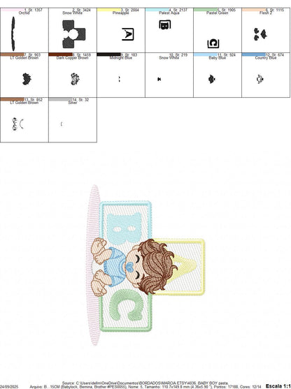 Baby boy embroidery designs - Newborn with pacifier machine embroidery pattern - Boy with brown wavy hair - Instant digital download pes