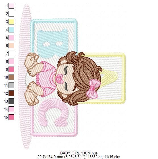 Baby girl embroidery designs - Newborn with pacifier machine embroidery pattern - Girl with wavy brown hair - Instant digital download pes