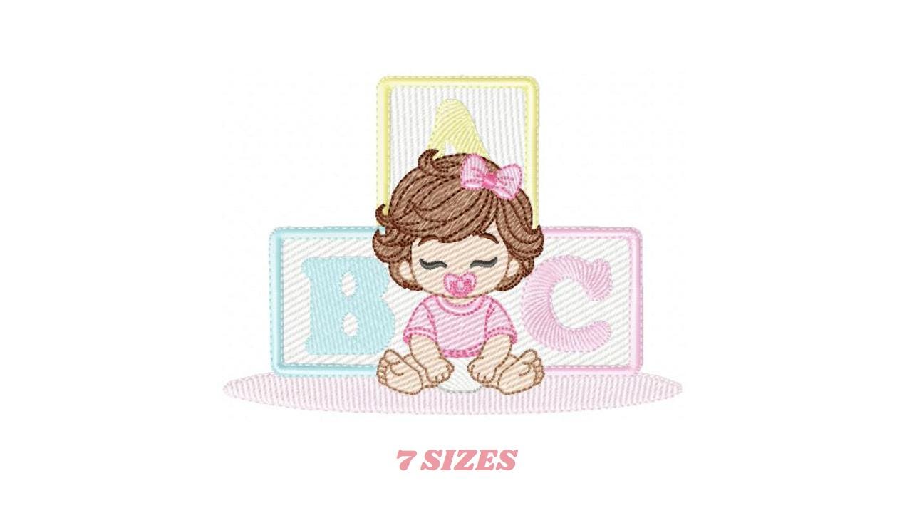 Baby girl embroidery designs - Newborn with pacifier machine embroidery pattern - Girl with wavy brown hair - Instant digital download pes
