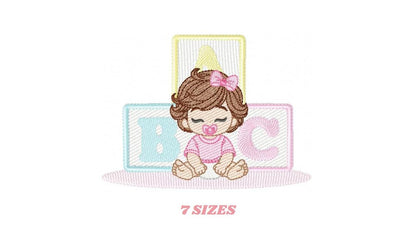 Baby girl embroidery designs - Newborn with pacifier machine embroidery pattern - Girl with wavy brown hair - Instant digital download pes