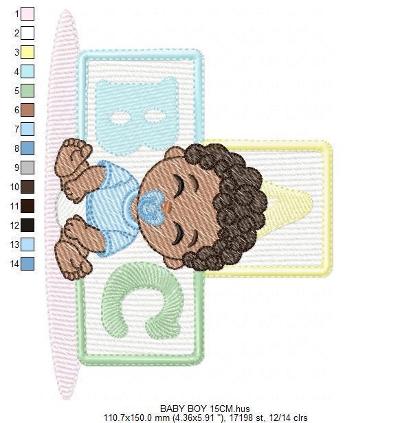 Baby boy embroidery designs - Newborn with pacifier machine embroidery pattern - Boy with black curly hair - Instant digital download pes