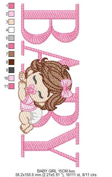 Baby girl embroidery designs - Newborn with pacifier and diaper machine embroidery pattern - Princess wavy brown hair - Instant download pes