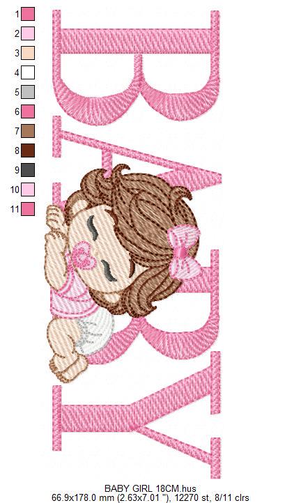 Baby girl embroidery designs - Newborn with pacifier and diaper machine embroidery pattern - Princess wavy brown hair - Instant download pes