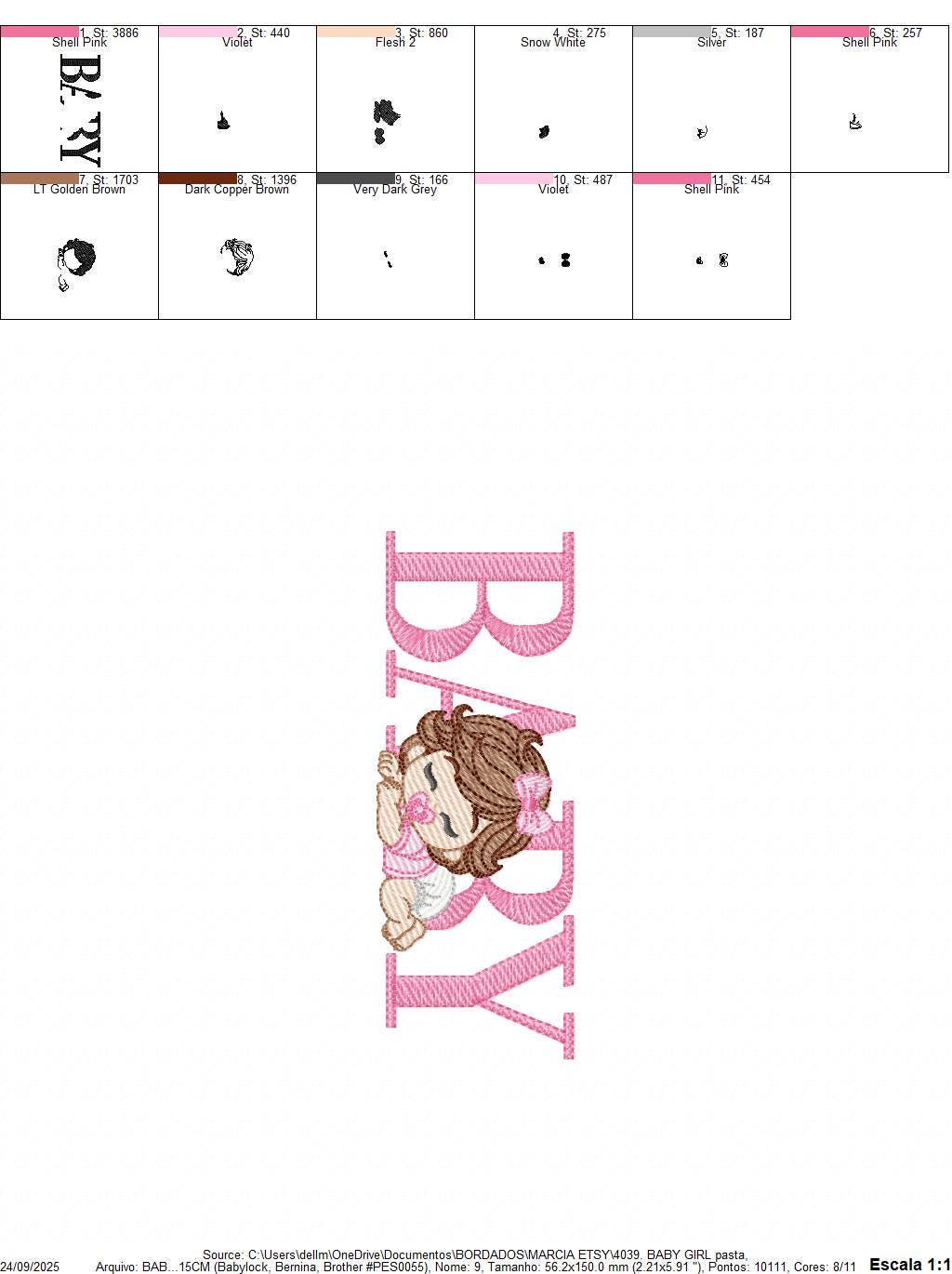 Baby girl embroidery designs - Newborn with pacifier and diaper machine embroidery pattern - Princess wavy brown hair - Instant download pes