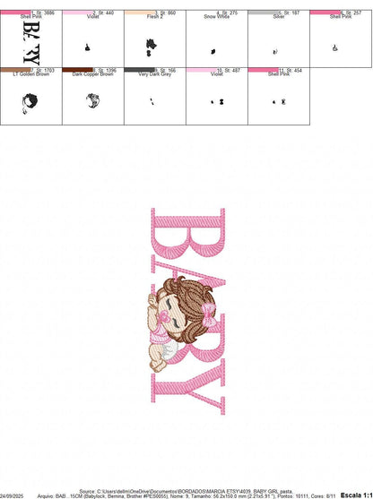 Baby girl embroidery designs - Newborn with pacifier and diaper machine embroidery pattern - Princess wavy brown hair - Instant download pes