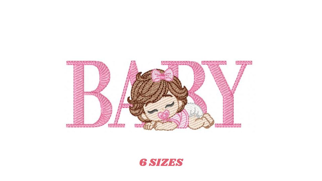 Baby girl embroidery designs - Newborn with pacifier and diaper machine embroidery pattern - Princess wavy brown hair - Instant download pes