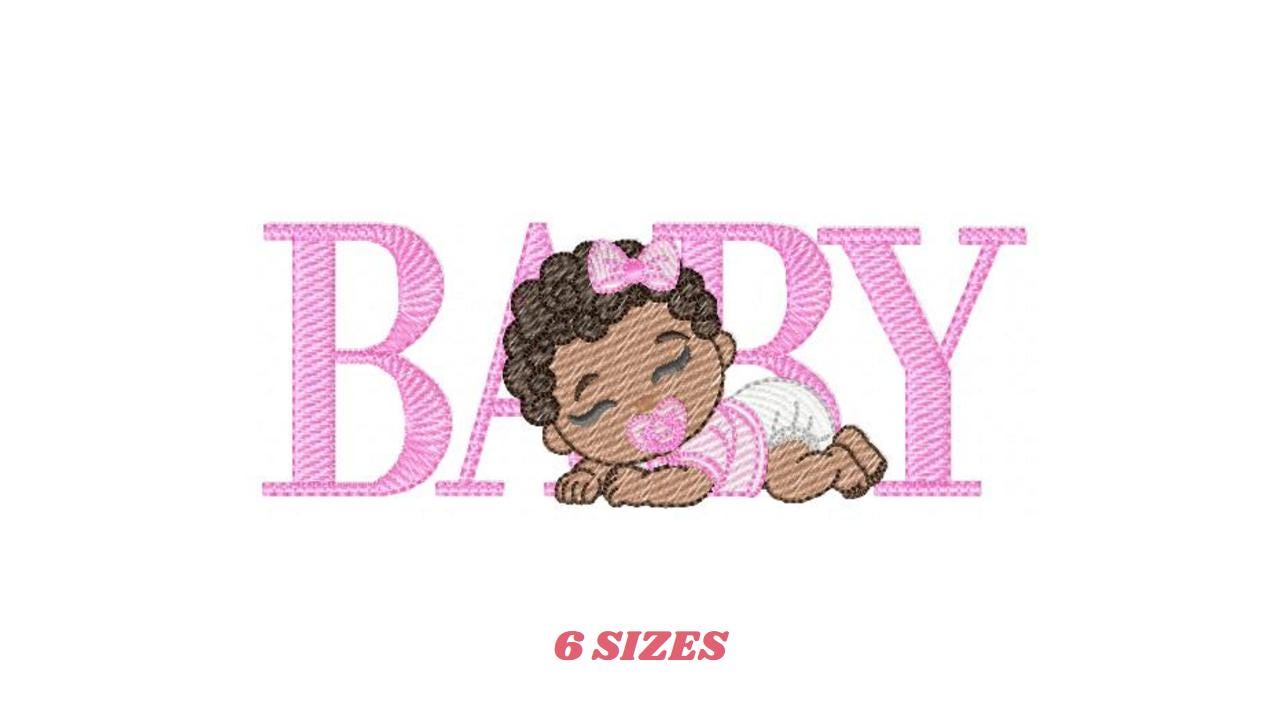 Baby girl embroidery designs - Newborn with pacifier and diaper machine embroidery pattern - Princess black curly hair - Instant download