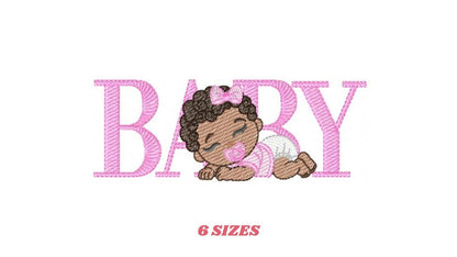 Baby girl embroidery designs - Newborn with pacifier and diaper machine embroidery pattern - Princess black curly hair - Instant download