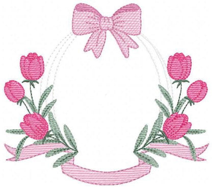 Monogram Tulip Frame embroidery designs - Flower wreath machine embroidery pattern - Floral Kitchen Towel file - Instant digital download