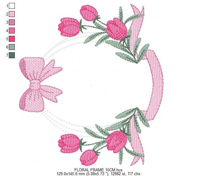 Monogram Tulip Frame embroidery designs - Flower wreath machine embroidery pattern - Floral Kitchen Towel file - Instant digital download