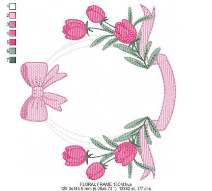 Monogram Tulip Frame embroidery designs - Flower wreath machine embroidery pattern - Floral Kitchen Towel file - Instant digital download
