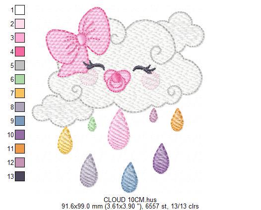 Rain cloud embroidery design - Baby girl raining cloud with pacifier machine embroidery pattern - Instant digital download pes jef dst hus