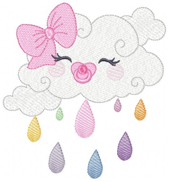 Rain cloud embroidery design - Baby girl raining cloud with pacifier machine embroidery pattern - Instant digital download pes jef dst hus