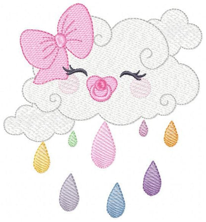 Rain cloud embroidery design - Baby girl raining cloud with pacifier machine embroidery pattern - Instant digital download pes jef dst hus