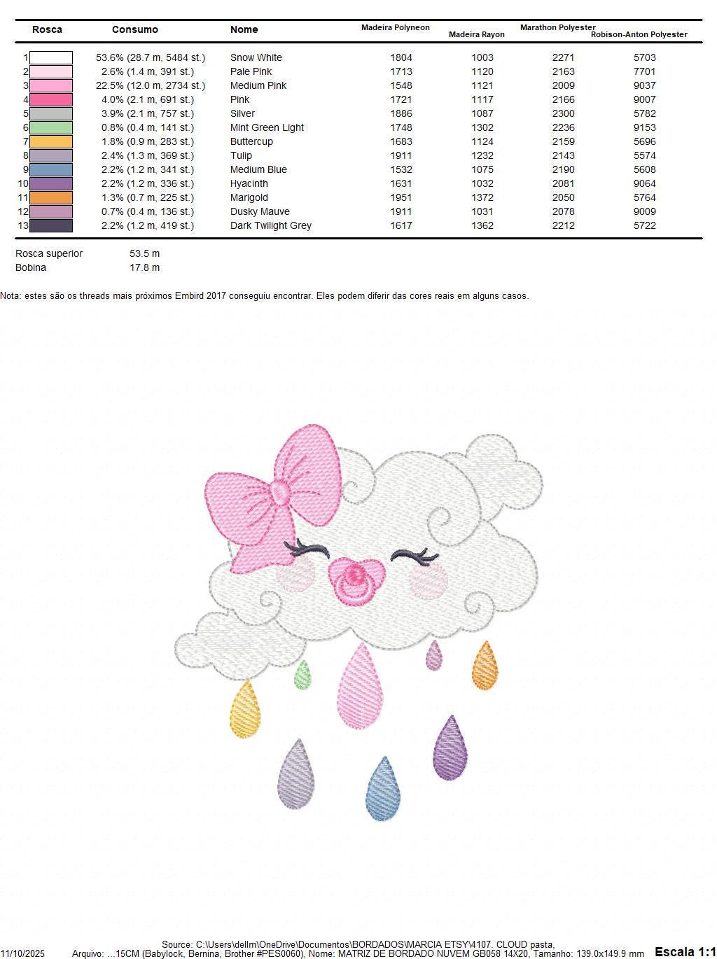 Rain cloud embroidery design - Baby girl raining cloud with pacifier machine embroidery pattern - Instant digital download pes jef dst hus