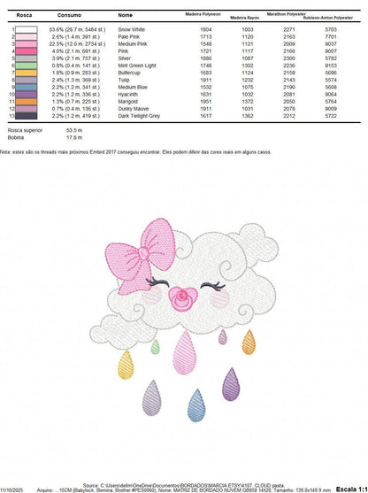 Rain cloud embroidery design - Baby girl raining cloud with pacifier machine embroidery pattern - Instant digital download pes jef dst hus