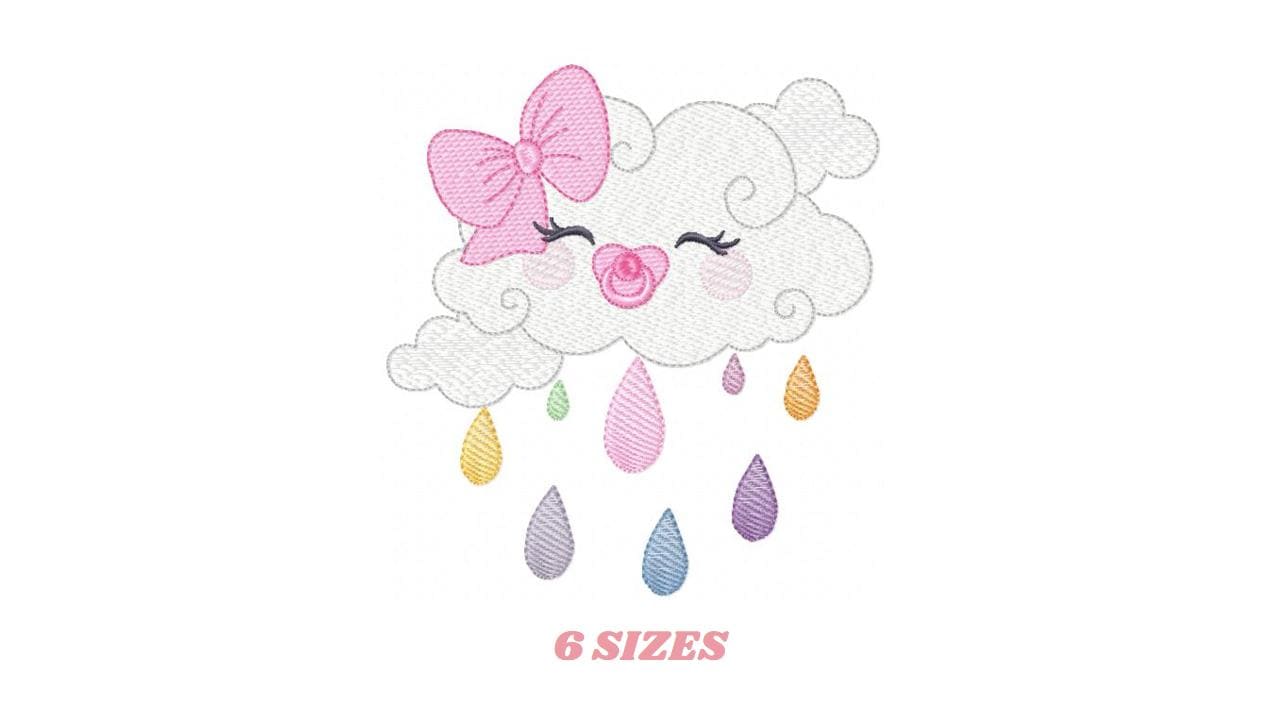 Rain cloud embroidery design - Baby girl raining cloud with pacifier machine embroidery pattern - Instant digital download pes jef dst hus