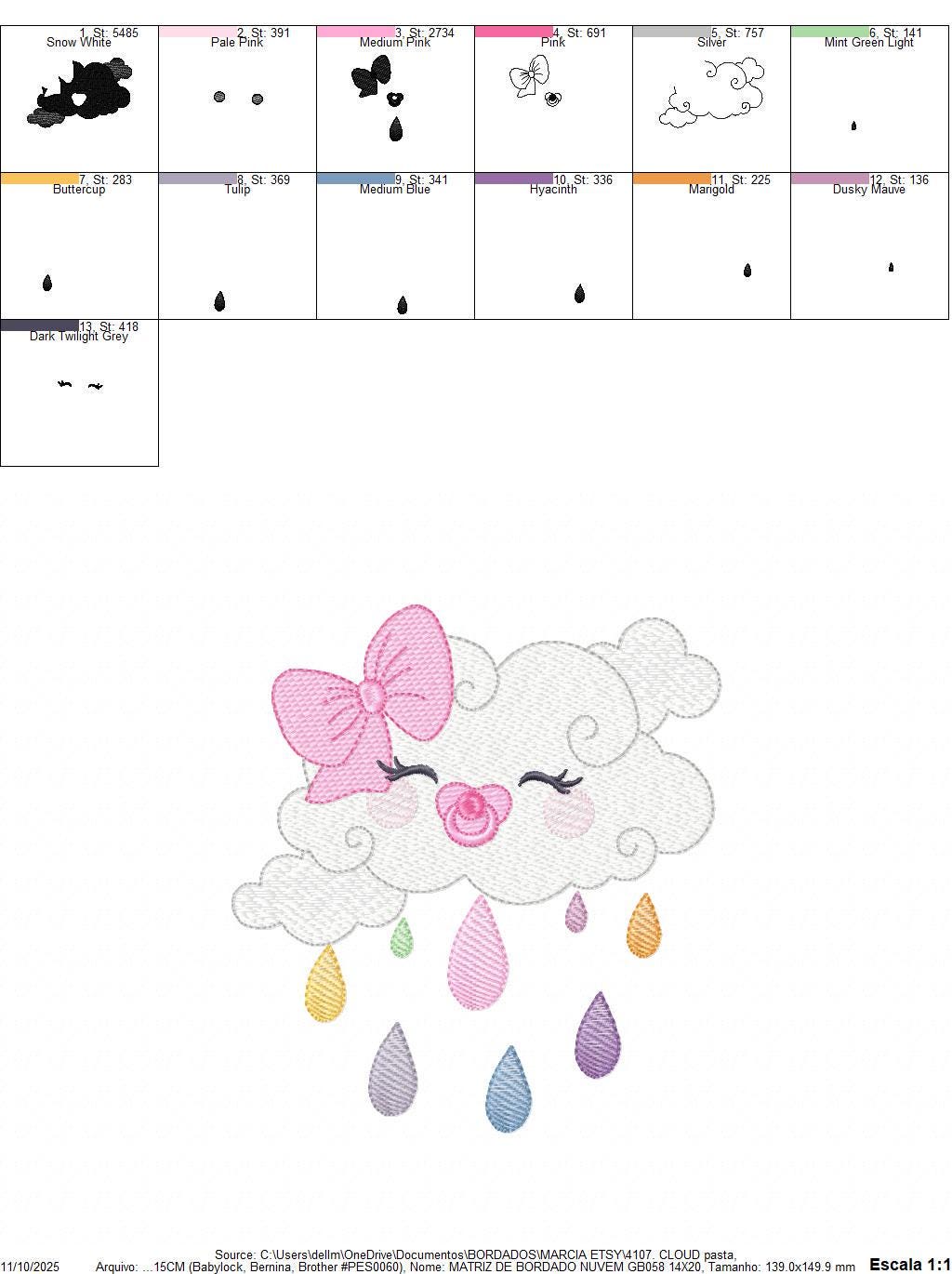Rain cloud embroidery design - Baby girl raining cloud with pacifier machine embroidery pattern - Instant digital download pes jef dst hus