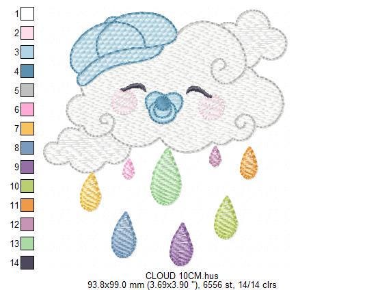 Rain cloud embroidery design - Baby boy raining cloud with pacifier machine embroidery pattern - Instant digital download pes jef dst hus
