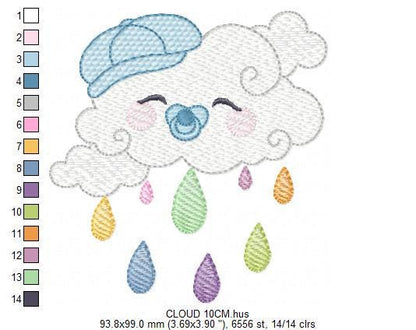 Rain cloud embroidery design - Baby boy raining cloud with pacifier machine embroidery pattern - Instant digital download pes jef dst hus