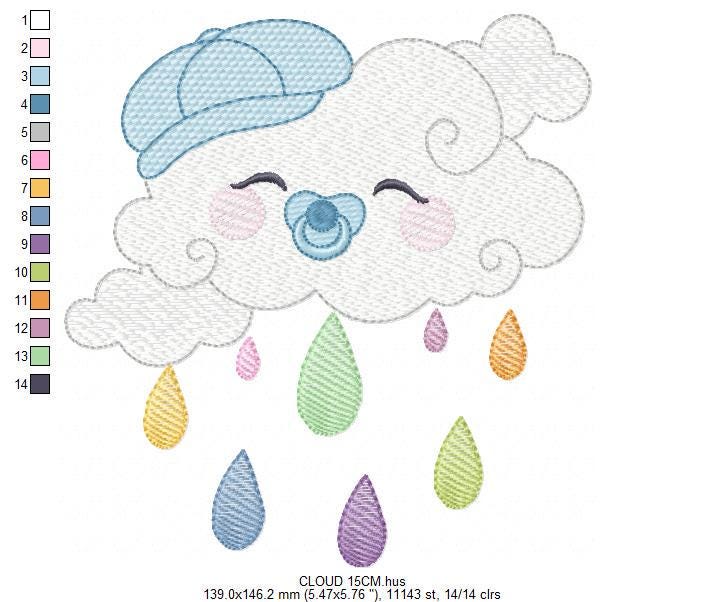 Rain cloud embroidery design - Baby boy raining cloud with pacifier machine embroidery pattern - Instant digital download pes jef dst hus