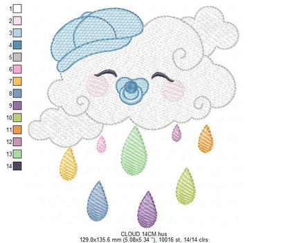 Rain cloud embroidery design - Baby boy raining cloud with pacifier machine embroidery pattern - Instant digital download pes jef dst hus