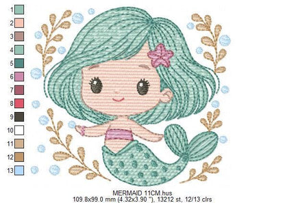 Mermaid embroidery designs - Ocean Sea Princess machine pattern - Mermaid rippled design - Baby Girl file - Instant digital download pes jef