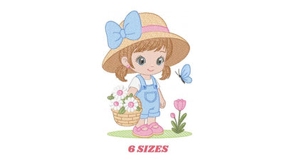 Girl Farmer embroidery designs - Farmer with straw hat and daisies machine embroidery pattern - Girl with flower basket - Instant download