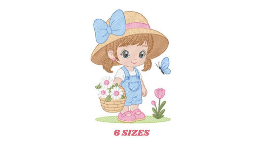 Girl Farmer embroidery designs - Farmer with straw hat and daisies machine embroidery pattern - Girl with flower basket - Instant download