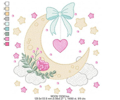 Moon with stars hearts and flowers embroidery design - Baby Girl Half moon machine embroidery pattern - Instant digital download pes jef dst