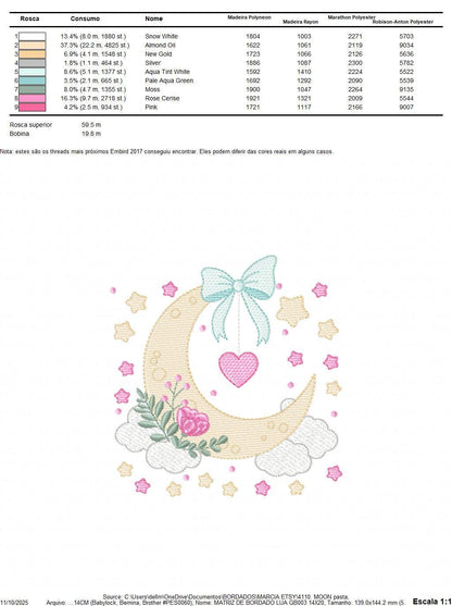 Moon with stars hearts and flowers embroidery design - Baby Girl Half moon machine embroidery pattern - Instant digital download pes jef dst