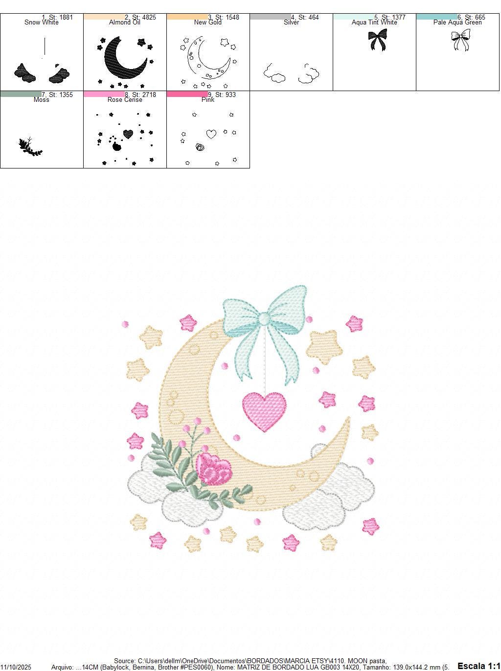 Moon with stars hearts and flowers embroidery design - Baby Girl Half moon machine embroidery pattern - Instant digital download pes jef dst