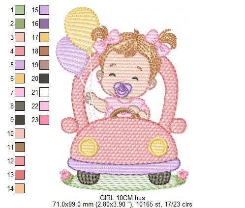 Baby girl embroidery designs - Child playing with toy car machine embroidery pattern - Princess with pacifier and balloon - Instant download