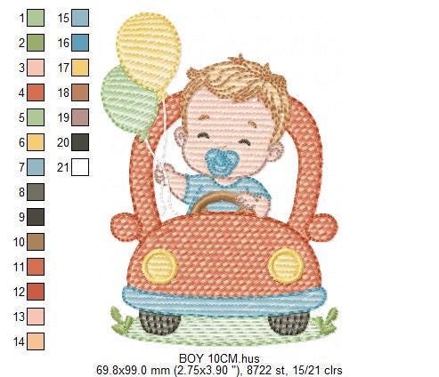 Baby Boy with toy car embroidery designs - Toddler playing with balloons machine embroidery pattern - Boy with pacifier - Instant download