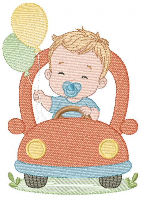 Baby Boy with toy car embroidery designs - Toddler playing with balloons machine embroidery pattern - Boy with pacifier - Instant download
