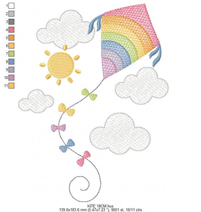 Colorful Kite embroidery designs - Baby Boy Toy machine embroidery pattern - Sunning sky flying clouds - Instant digital download pes jef