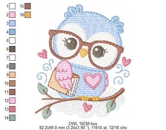 Owl embroidery design - Bird with glasses machine embroidery pattern - Baby Girl Owl with flowers and hearts - Instant digital download jef