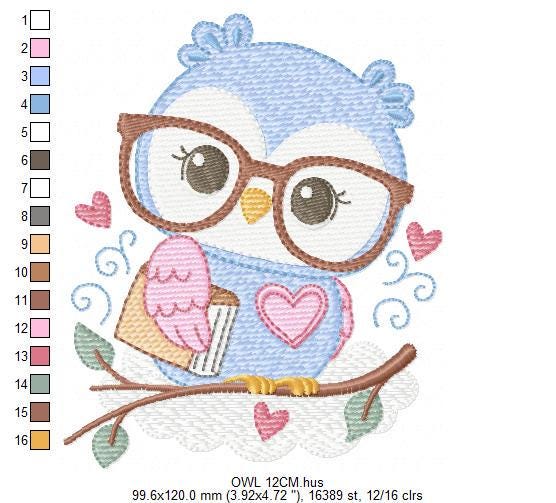 Owl embroidery design - Bird with glasses machine embroidery pattern - Baby Girl Owl with flowers and hearts - Instant digital download jef