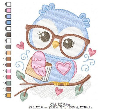 Owl embroidery design - Bird with glasses machine embroidery pattern - Baby Girl Owl with flowers and hearts - Instant digital download jef