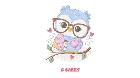 Owl embroidery design - Bird with glasses machine embroidery pattern - Baby Girl Owl with flowers and hearts - Instant digital download jef