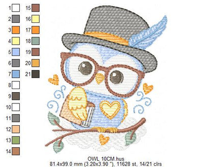 Owl embroidery design - Bird with glasses machine embroidery pattern - Baby Boy Owl with Top hat and hearts - Instant digital download jef
