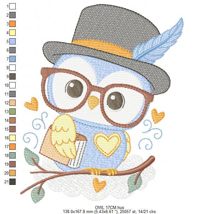Owl embroidery design - Bird with glasses machine embroidery pattern - Baby Boy Owl with Top hat and hearts - Instant digital download jef