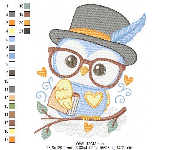 Owl embroidery design - Bird with glasses machine embroidery pattern - Baby Boy Owl with Top hat and hearts - Instant digital download jef