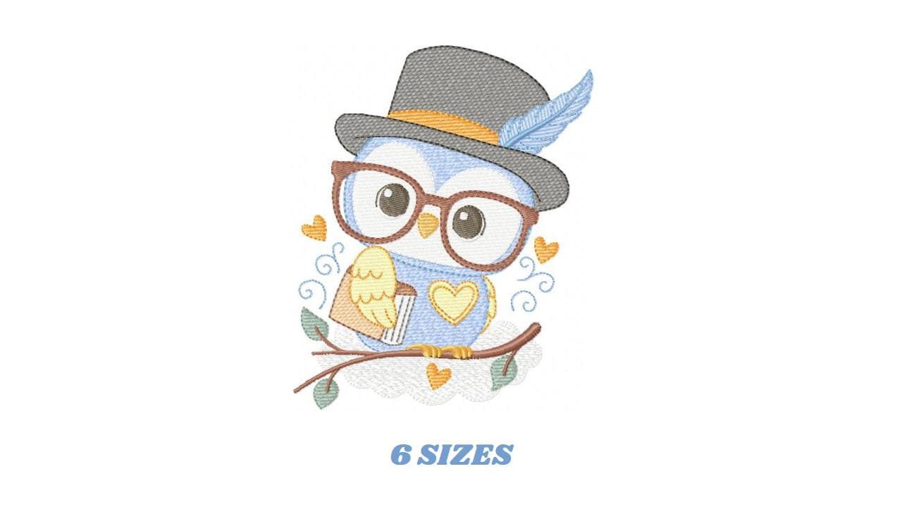 Owl embroidery design - Bird with glasses machine embroidery pattern - Baby Boy Owl with Top hat and hearts - Instant digital download jef