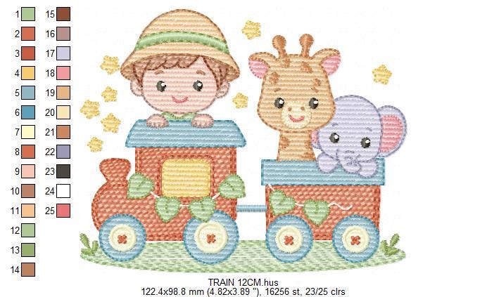 Safari Wild Animal train embroidery designs - Elephant and Giraffe machine embroidery pattern - Baby Boy file - Instant download pes jef