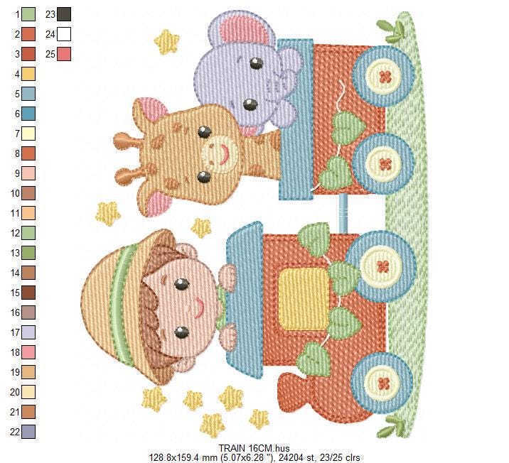 Safari Wild Animal train embroidery designs - Elephant and Giraffe machine embroidery pattern - Baby Boy file - Instant download pes jef