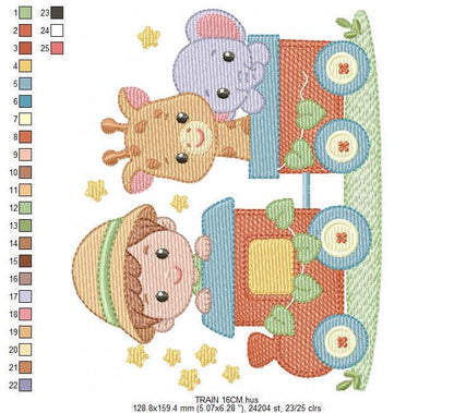 Safari Wild Animal train embroidery designs - Elephant and Giraffe machine embroidery pattern - Baby Boy file - Instant download pes jef