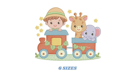 Safari Wild Animal train embroidery designs - Elephant and Giraffe machine embroidery pattern - Baby Boy file - Instant download pes jef