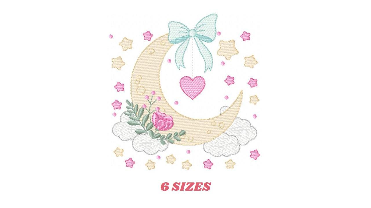 Moon with stars hearts and flowers embroidery design - Baby Girl Half moon machine embroidery pattern - Instant digital download pes jef dst